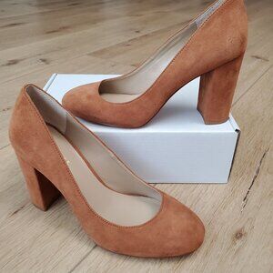 Ann Taylor Brown Suede Block Heel Womens Sz 5 Pump Chunky Heels Round Toe Shoes